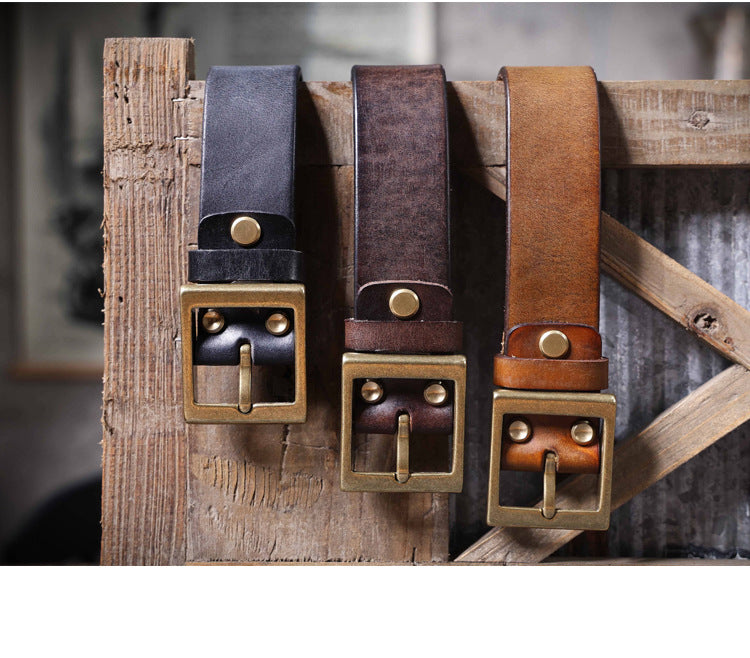 American Retro Thickened Top Layer Cowhide Belt for Men with Pure Copper Buckle, Pin Buckle, Handmade Italian Genuine Leather Belt