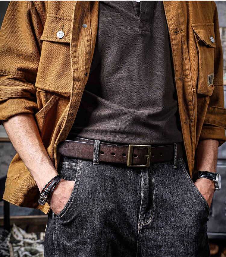 American Retro Thickened Top Layer Cowhide Belt for Men with Pure Copper Buckle, Pin Buckle, Handmade Italian Genuine Leather Belt