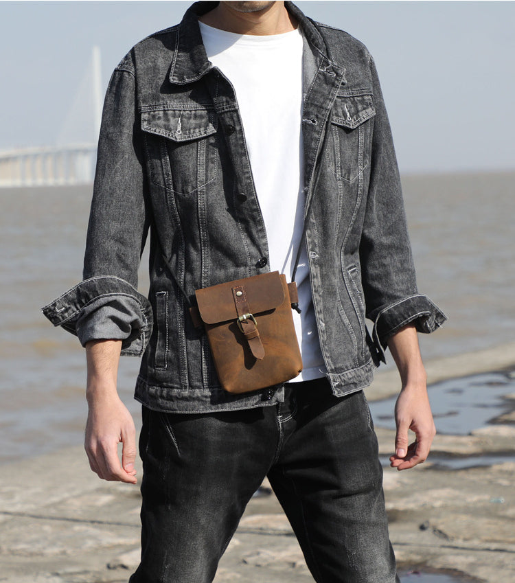 First Layer Cowhide Minimalist Phone Bag Crazy Horse Leather Crossbody