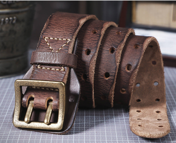 American Style Thickened Top Layer Cowhide Men's Copper Buckle Belt Double Pin Buckle Vintage Handmade Italian Genuine Leather Belt Simple