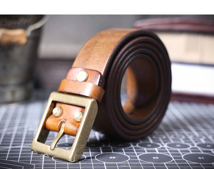 American Retro Thickened Top Layer Cowhide Belt for Men with Pure Copper Buckle, Pin Buckle, Handmade Italian Genuine Leather Belt