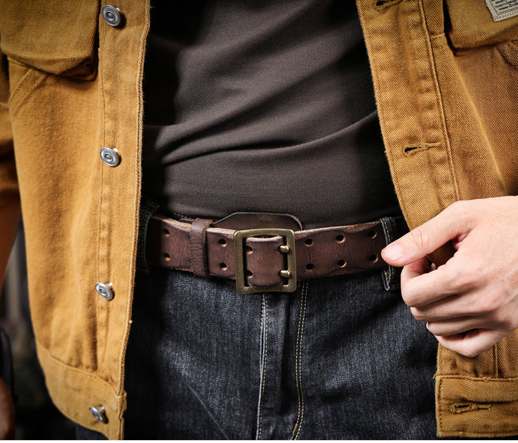 American Style Thickened Top Layer Cowhide Men's Copper Buckle Belt Double Pin Buckle Vintage Handmade Italian Genuine Leather Belt Simple