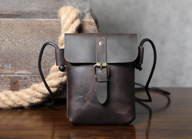 First Layer Cowhide Minimalist Phone Bag Crazy Horse Leather Crossbody
