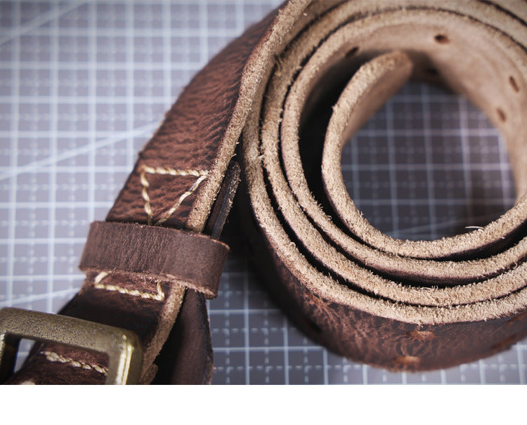 American Style Thickened Top Layer Cowhide Men's Copper Buckle Belt Double Pin Buckle Vintage Handmade Italian Genuine Leather Belt Simple