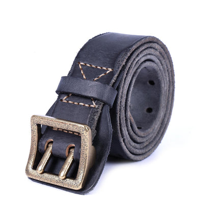 American Style Thickened Top Layer Cowhide Men's Copper Buckle Belt Double Pin Buckle Vintage Handmade Italian Genuine Leather Belt Simple