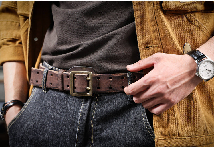 American Style Thickened Top Layer Cowhide Men's Copper Buckle Belt Double Pin Buckle Vintage Handmade Italian Genuine Leather Belt Simple