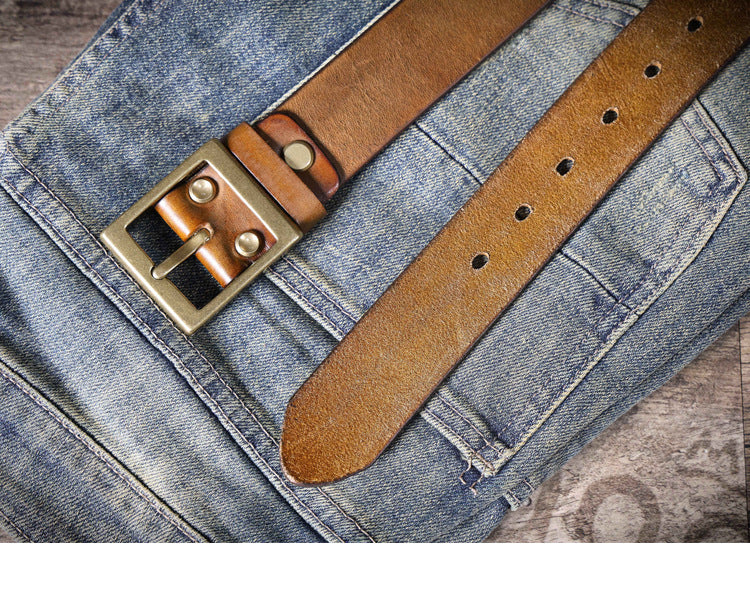 American Retro Thickened Top Layer Cowhide Belt for Men with Pure Copper Buckle, Pin Buckle, Handmade Italian Genuine Leather Belt