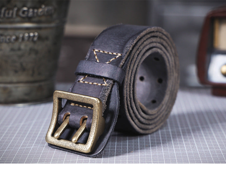 American Style Thickened Top Layer Cowhide Men's Copper Buckle Belt Double Pin Buckle Vintage Handmade Italian Genuine Leather Belt Simple