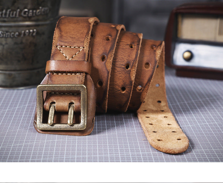 American Style Thickened Top Layer Cowhide Men's Copper Buckle Belt Double Pin Buckle Vintage Handmade Italian Genuine Leather Belt Simple