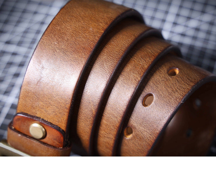 American Retro Thickened Top Layer Cowhide Belt for Men with Pure Copper Buckle, Pin Buckle, Handmade Italian Genuine Leather Belt