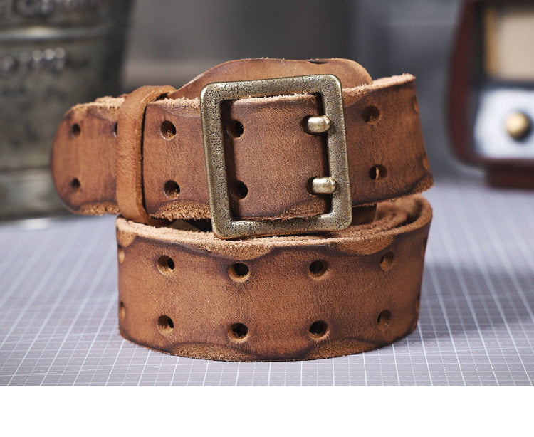 American Style Thickened Top Layer Cowhide Men's Copper Buckle Belt Double Pin Buckle Vintage Handmade Italian Genuine Leather Belt Simple
