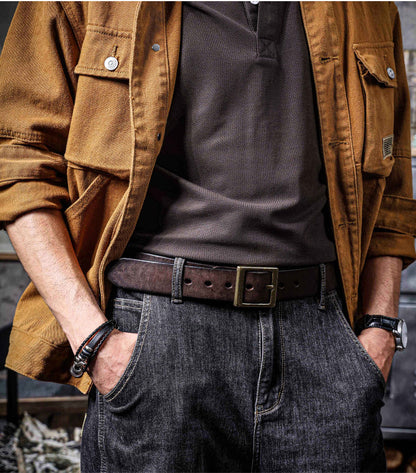 American Retro Thickened Top Layer Cowhide Belt for Men with Pure Copper Buckle, Pin Buckle, Handmade Italian Genuine Leather Belt