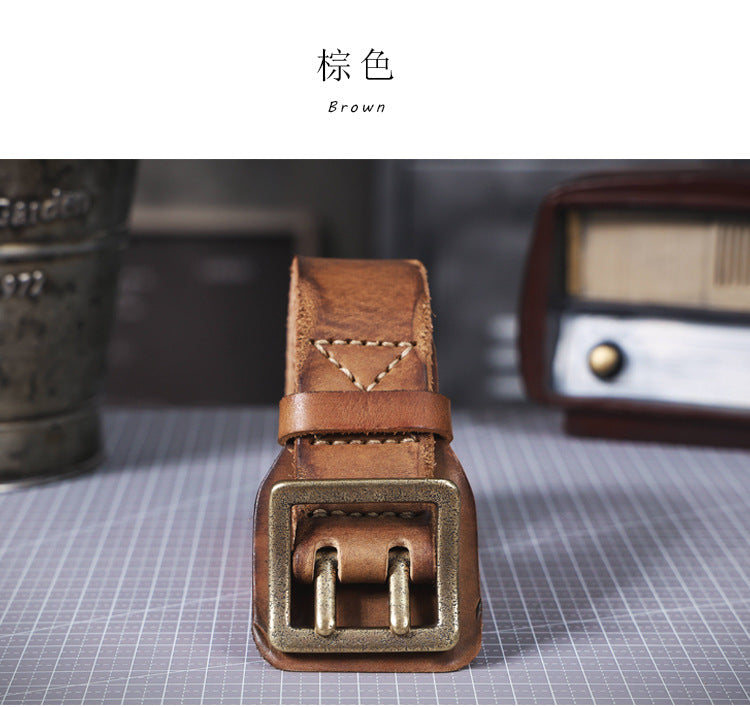 American Style Thickened Top Layer Cowhide Men's Copper Buckle Belt Double Pin Buckle Vintage Handmade Italian Genuine Leather Belt Simple