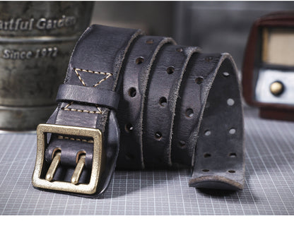 American Style Thickened Top Layer Cowhide Men's Copper Buckle Belt Double Pin Buckle Vintage Handmade Italian Genuine Leather Belt Simple