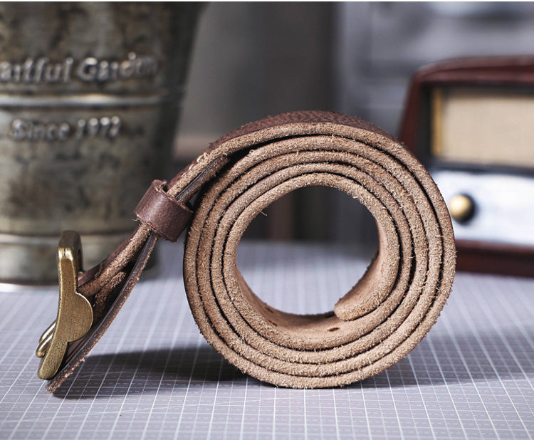 American Style Thickened Top Layer Cowhide Men's Copper Buckle Belt Double Pin Buckle Vintage Handmade Italian Genuine Leather Belt Simple