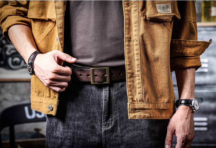 American Retro Thickened Top Layer Cowhide Belt for Men with Pure Copper Buckle, Pin Buckle, Handmade Italian Genuine Leather Belt