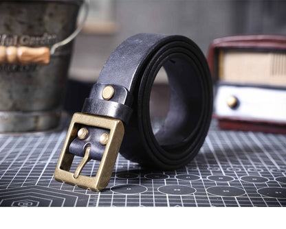 American Retro Thickened Top Layer Cowhide Belt for Men with Pure Copper Buckle, Pin Buckle, Handmade Italian Genuine Leather Belt