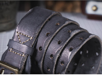 American Style Thickened Top Layer Cowhide Men's Copper Buckle Belt Double Pin Buckle Vintage Handmade Italian Genuine Leather Belt Simple