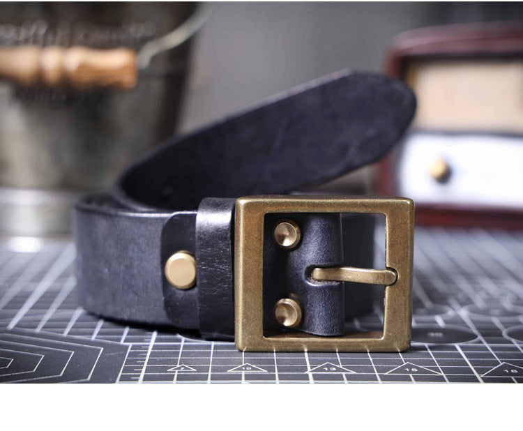 American Retro Thickened Top Layer Cowhide Belt for Men with Pure Copper Buckle, Pin Buckle, Handmade Italian Genuine Leather Belt