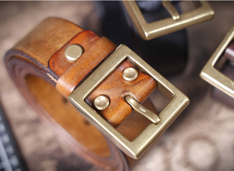 American Retro Thickened Top Layer Cowhide Belt for Men with Pure Copper Buckle, Pin Buckle, Handmade Italian Genuine Leather Belt