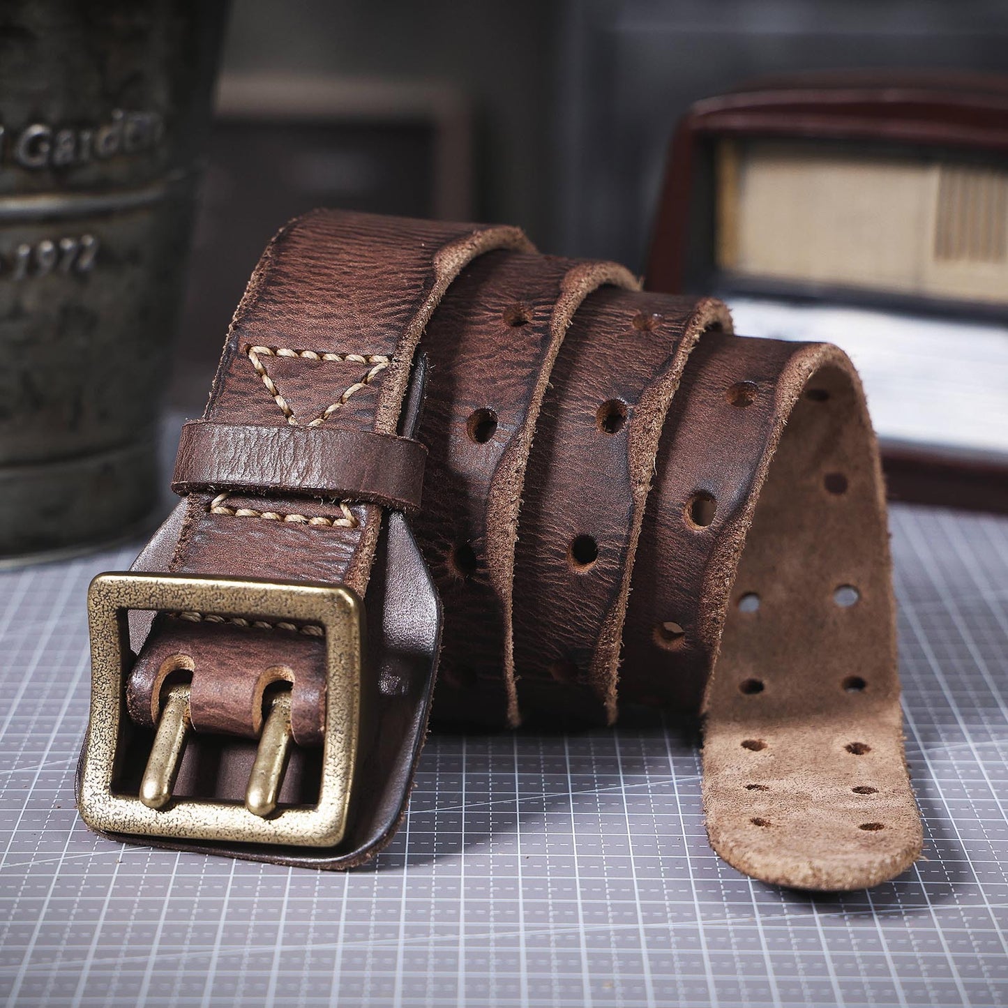 American Style Thickened Top Layer Cowhide Men's Copper Buckle Belt Double Pin Buckle Vintage Handmade Italian Genuine Leather Belt Simple