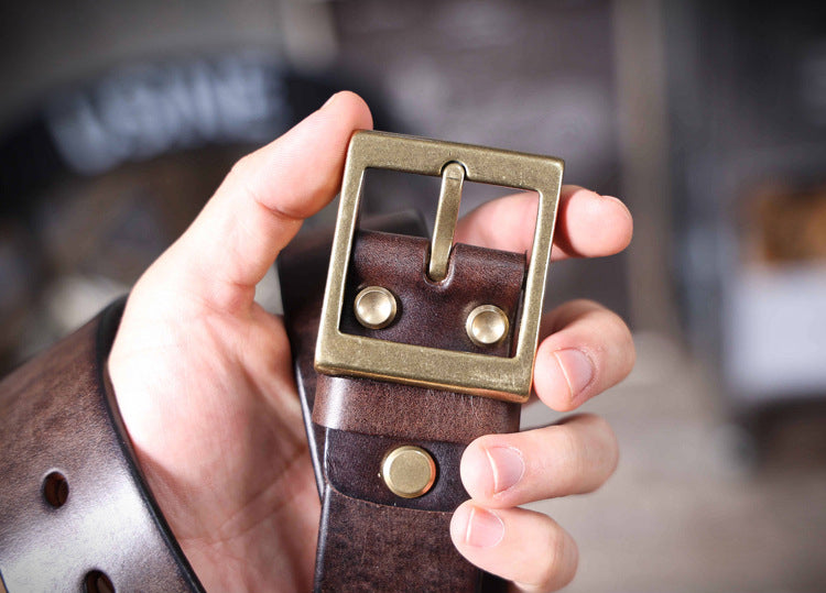 American Retro Thickened Top Layer Cowhide Belt for Men with Pure Copper Buckle, Pin Buckle, Handmade Italian Genuine Leather Belt