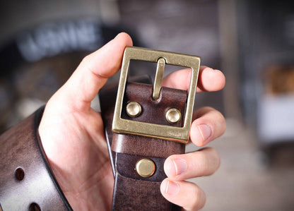 American Retro Thickened Top Layer Cowhide Belt for Men with Pure Copper Buckle, Pin Buckle, Handmade Italian Genuine Leather Belt