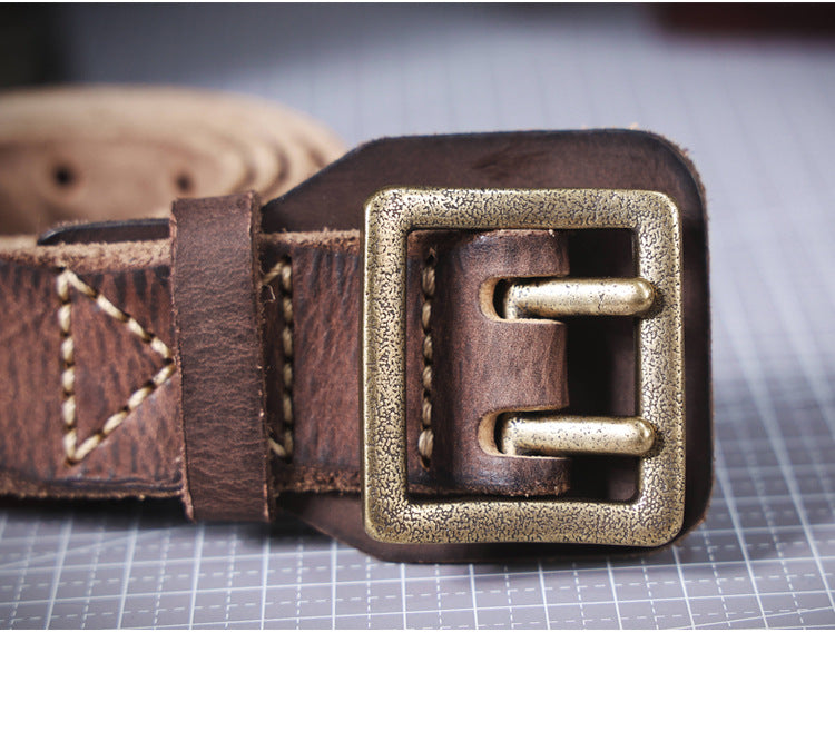American Style Thickened Top Layer Cowhide Men's Copper Buckle Belt Double Pin Buckle Vintage Handmade Italian Genuine Leather Belt Simple
