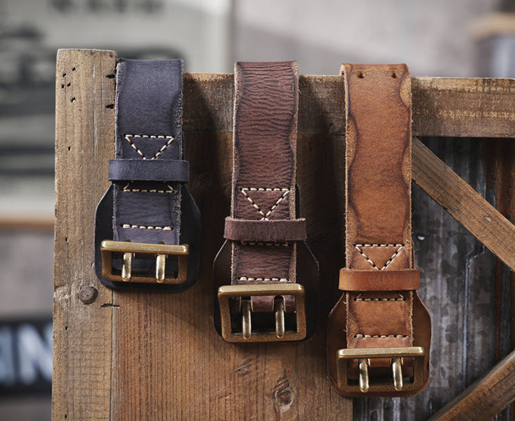 American Style Thickened Top Layer Cowhide Men's Copper Buckle Belt Double Pin Buckle Vintage Handmade Italian Genuine Leather Belt Simple