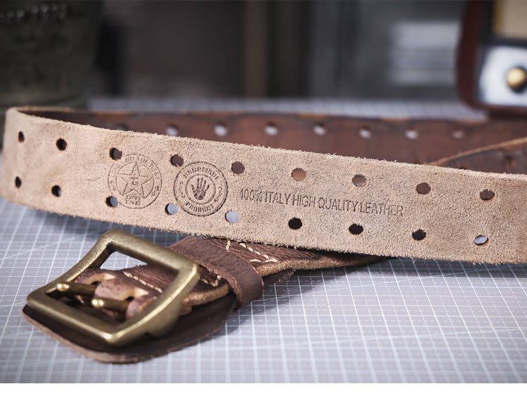 American Style Thickened Top Layer Cowhide Men's Copper Buckle Belt Double Pin Buckle Vintage Handmade Italian Genuine Leather Belt Simple