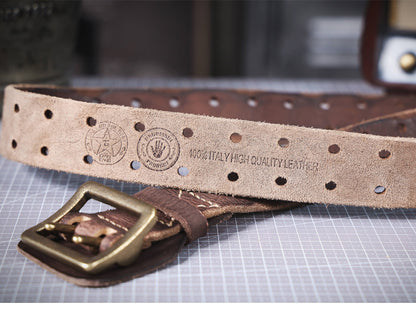 American Style Thickened Top Layer Cowhide Men's Copper Buckle Belt Double Pin Buckle Vintage Handmade Italian Genuine Leather Belt Simple