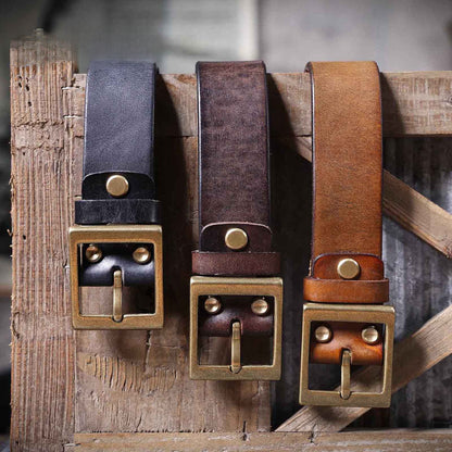 American Retro Thickened Top Layer Cowhide Belt for Men with Pure Copper Buckle, Pin Buckle, Handmade Italian Genuine Leather Belt