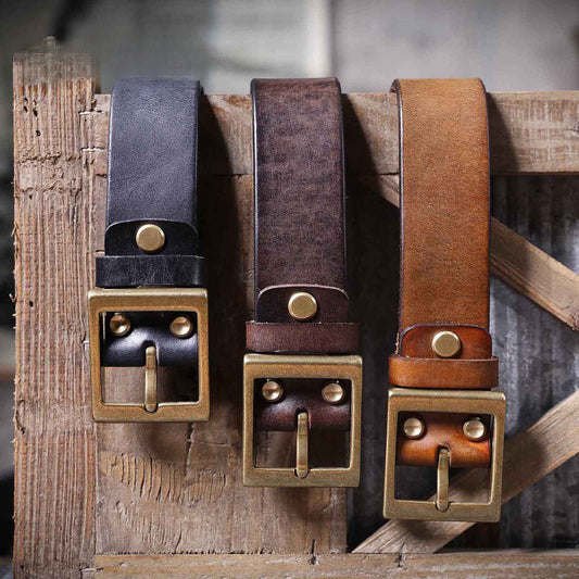 American Retro Thickened Top Layer Cowhide Belt for Men with Pure Copper Buckle, Pin Buckle, Handmade Italian Genuine Leather Belt