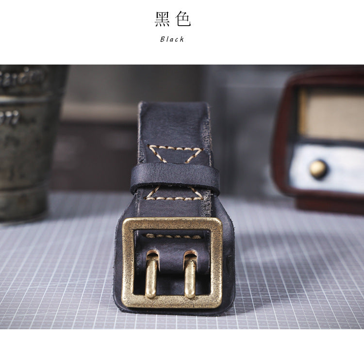 American Style Thickened Top Layer Cowhide Men's Copper Buckle Belt Double Pin Buckle Vintage Handmade Italian Genuine Leather Belt Simple