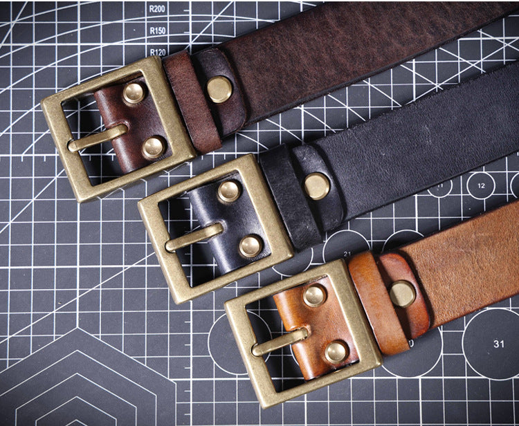 American Retro Thickened Top Layer Cowhide Belt for Men with Pure Copper Buckle, Pin Buckle, Handmade Italian Genuine Leather Belt