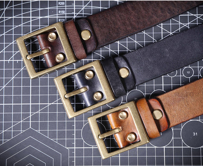 American Retro Thickened Top Layer Cowhide Belt for Men with Pure Copper Buckle, Pin Buckle, Handmade Italian Genuine Leather Belt