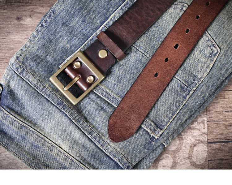 American Retro Thickened Top Layer Cowhide Belt for Men with Pure Copper Buckle, Pin Buckle, Handmade Italian Genuine Leather Belt