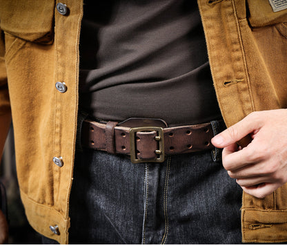 American Style Thickened Top Layer Cowhide Men's Copper Buckle Belt Double Pin Buckle Vintage Handmade Italian Genuine Leather Belt Simple