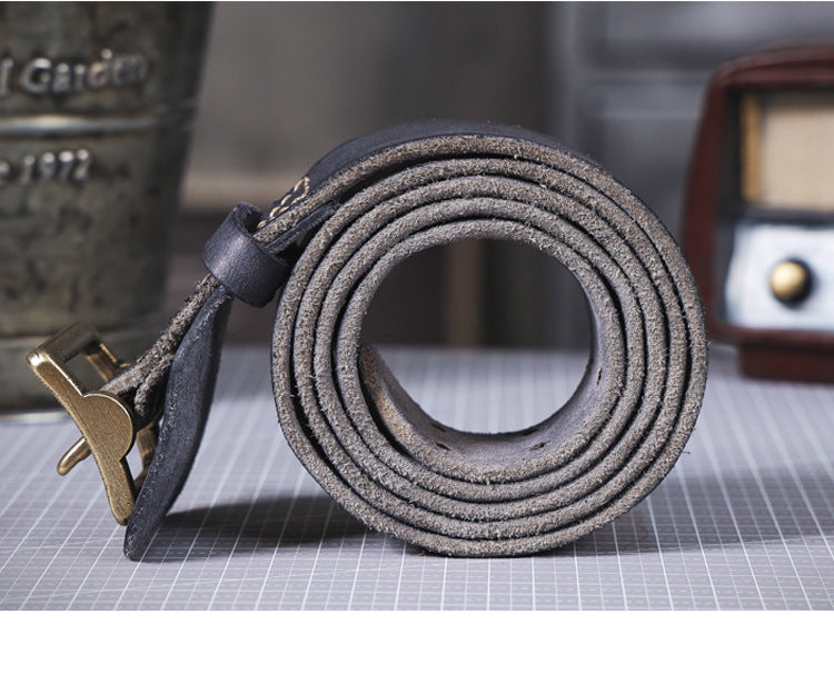 American Style Thickened Top Layer Cowhide Men's Copper Buckle Belt Double Pin Buckle Vintage Handmade Italian Genuine Leather Belt Simple