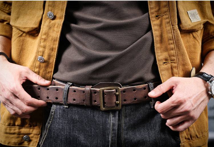American Style Thickened Top Layer Cowhide Men's Copper Buckle Belt Double Pin Buckle Vintage Handmade Italian Genuine Leather Belt Simple