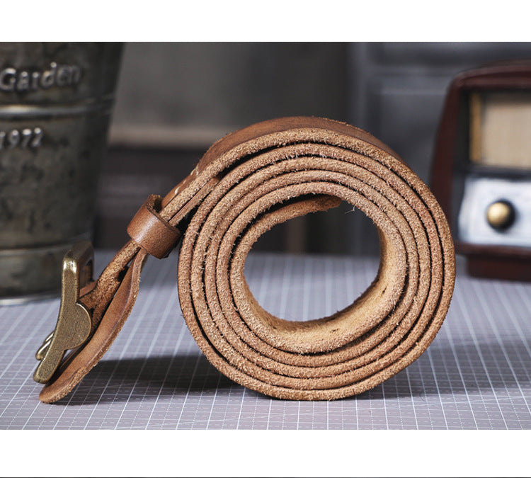 American Style Thickened Top Layer Cowhide Men's Copper Buckle Belt Double Pin Buckle Vintage Handmade Italian Genuine Leather Belt Simple