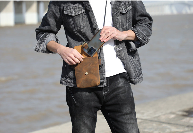 First Layer Cowhide Minimalist Phone Bag Crazy Horse Leather Crossbody