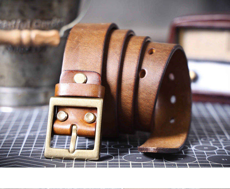 American Retro Thickened Top Layer Cowhide Belt for Men with Pure Copper Buckle, Pin Buckle, Handmade Italian Genuine Leather Belt