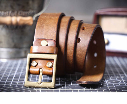 American Retro Thickened Top Layer Cowhide Belt for Men with Pure Copper Buckle, Pin Buckle, Handmade Italian Genuine Leather Belt