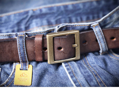American Retro Thickened Top Layer Cowhide Belt for Men with Pure Copper Buckle, Pin Buckle, Handmade Italian Genuine Leather Belt