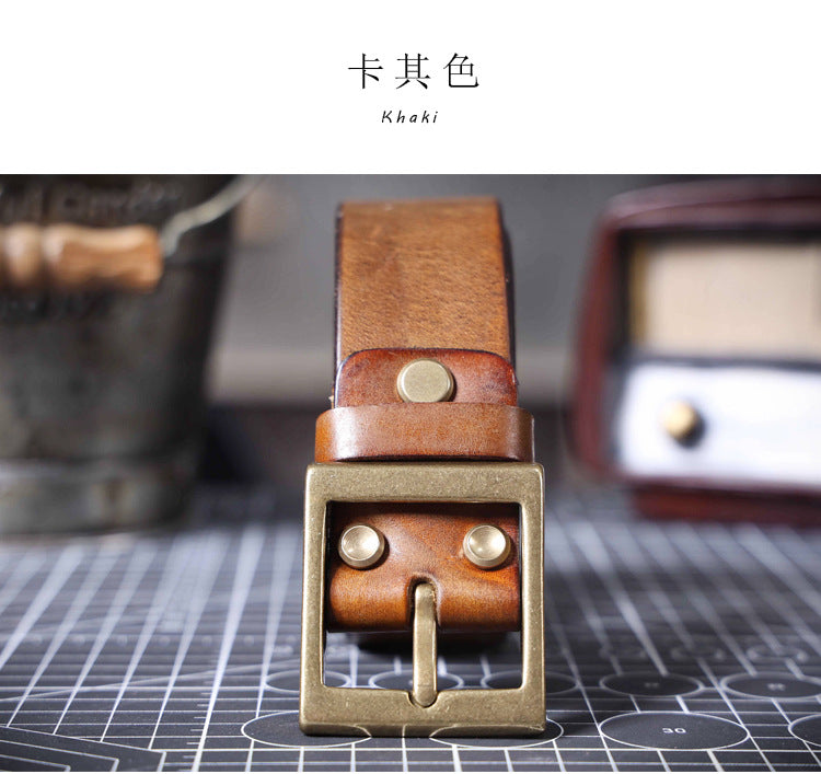 American Retro Thickened Top Layer Cowhide Belt for Men with Pure Copper Buckle, Pin Buckle, Handmade Italian Genuine Leather Belt