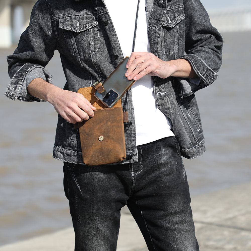 First Layer Cowhide Minimalist Phone Bag Crazy Horse Leather Crossbody