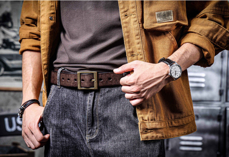 American Retro Thickened Top Layer Cowhide Belt for Men with Pure Copper Buckle, Pin Buckle, Handmade Italian Genuine Leather Belt