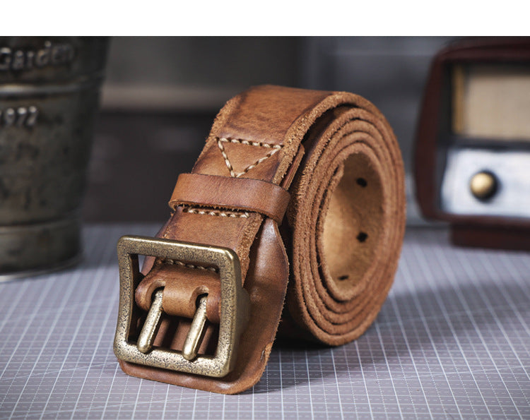 American Style Thickened Top Layer Cowhide Men's Copper Buckle Belt Double Pin Buckle Vintage Handmade Italian Genuine Leather Belt Simple