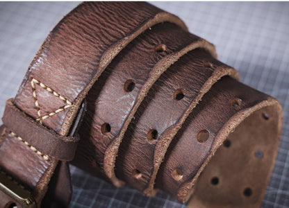American Style Thickened Top Layer Cowhide Men's Copper Buckle Belt Double Pin Buckle Vintage Handmade Italian Genuine Leather Belt Simple